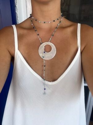 Collar Volta en plateado y azul con piedra de nácar