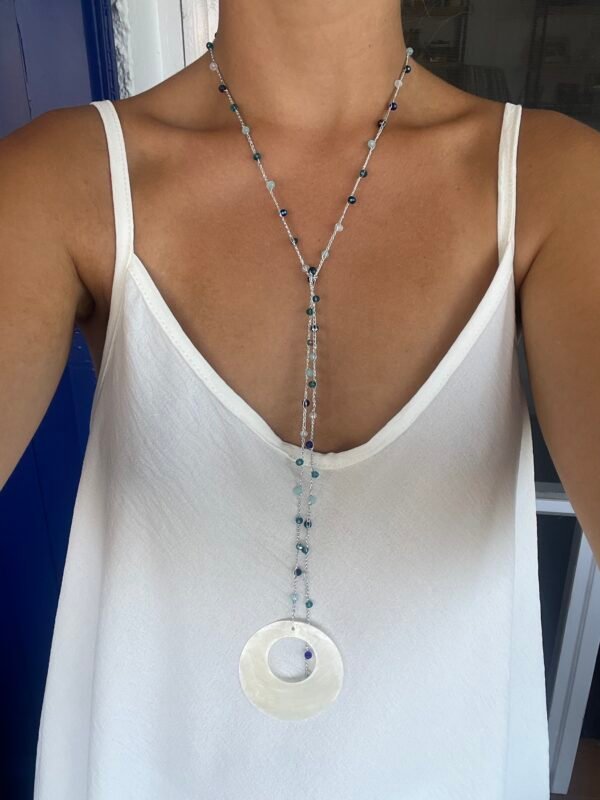 Collar Volta en plateado y azul con piedra de nácar